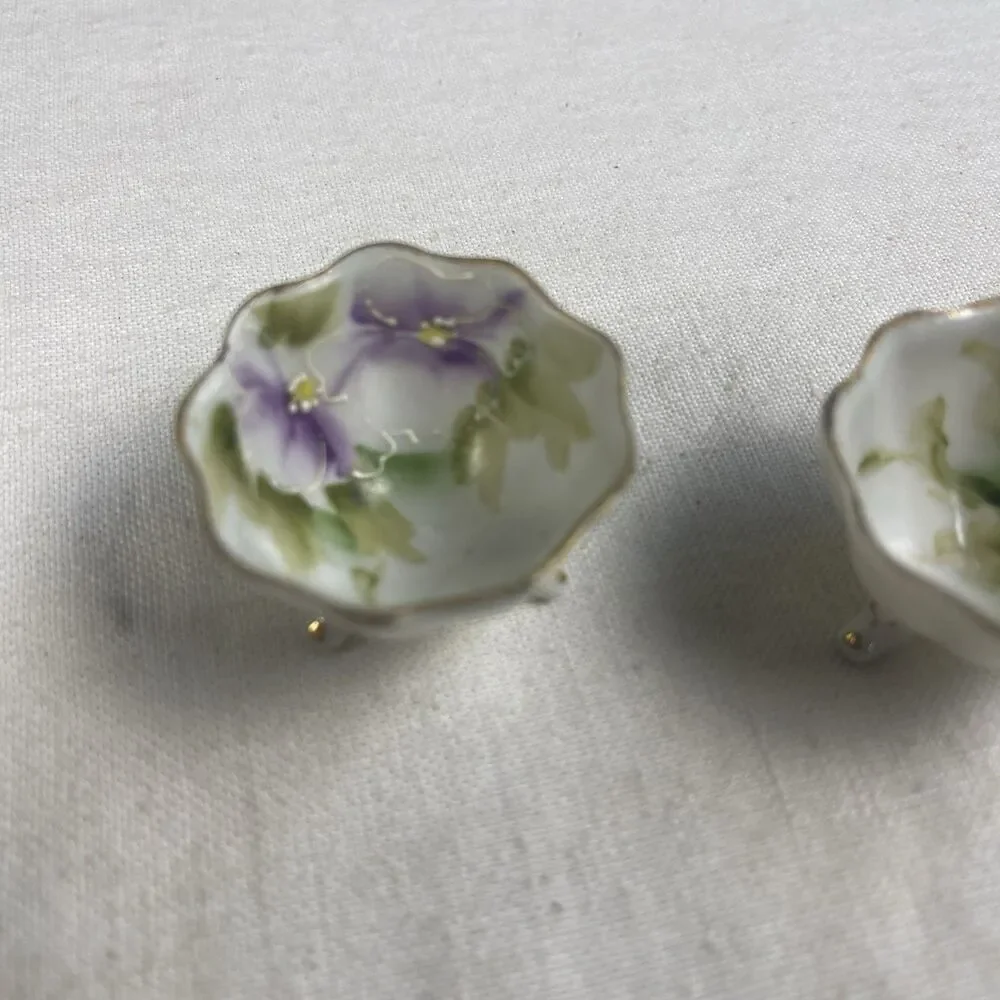 PAIR HAND PAINTED  SALT CELLAR DIPS-LAVENDER FLOWERS - GREEN-GOLD TRIM - FOOTED